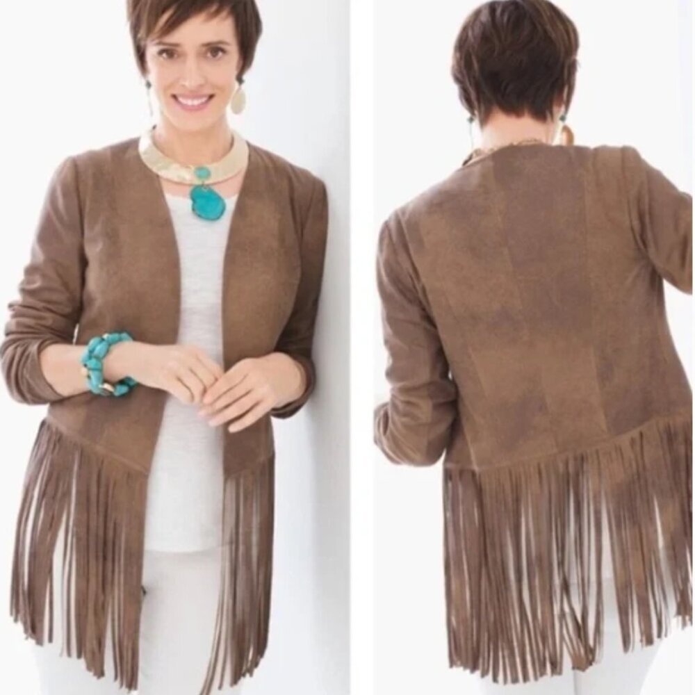 Chico’s Faux Suede Fringed Jacket Size M‎ Brown